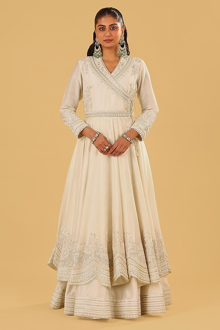 Daisy Ivory Silk Chanderi Parsi Gara Embroidered Angrakha Wedding Anarkali Set by Sheetal Batra at Pernia's Pop Up Shop