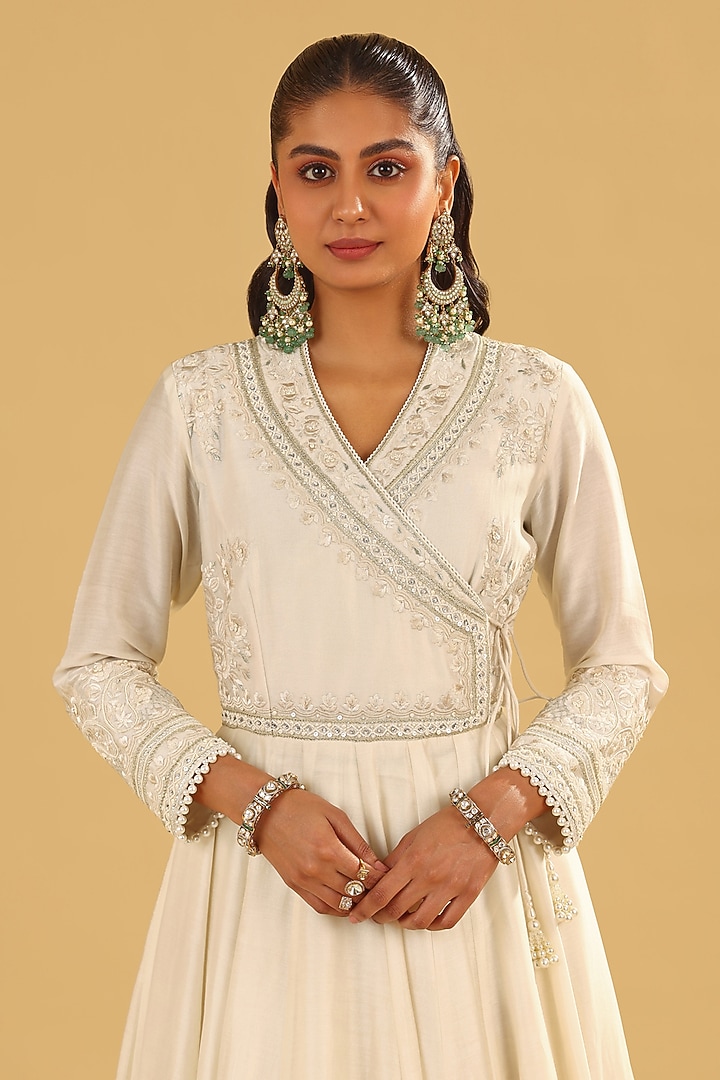Daisy Ivory Silk Chanderi Parsi Gara Embroidered Angrakha Wedding Anarkali Set by Sheetal Batra at Pernia's Pop Up Shop