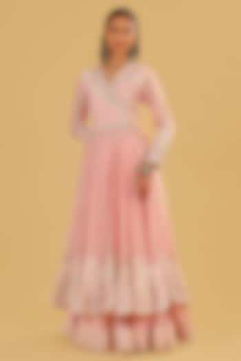 Blush Pink Silk Chanderi Parsi Gara Embroidered Angrakha Wedding Anarkali Set by Sheetal Batra at Pernia's Pop Up Shop