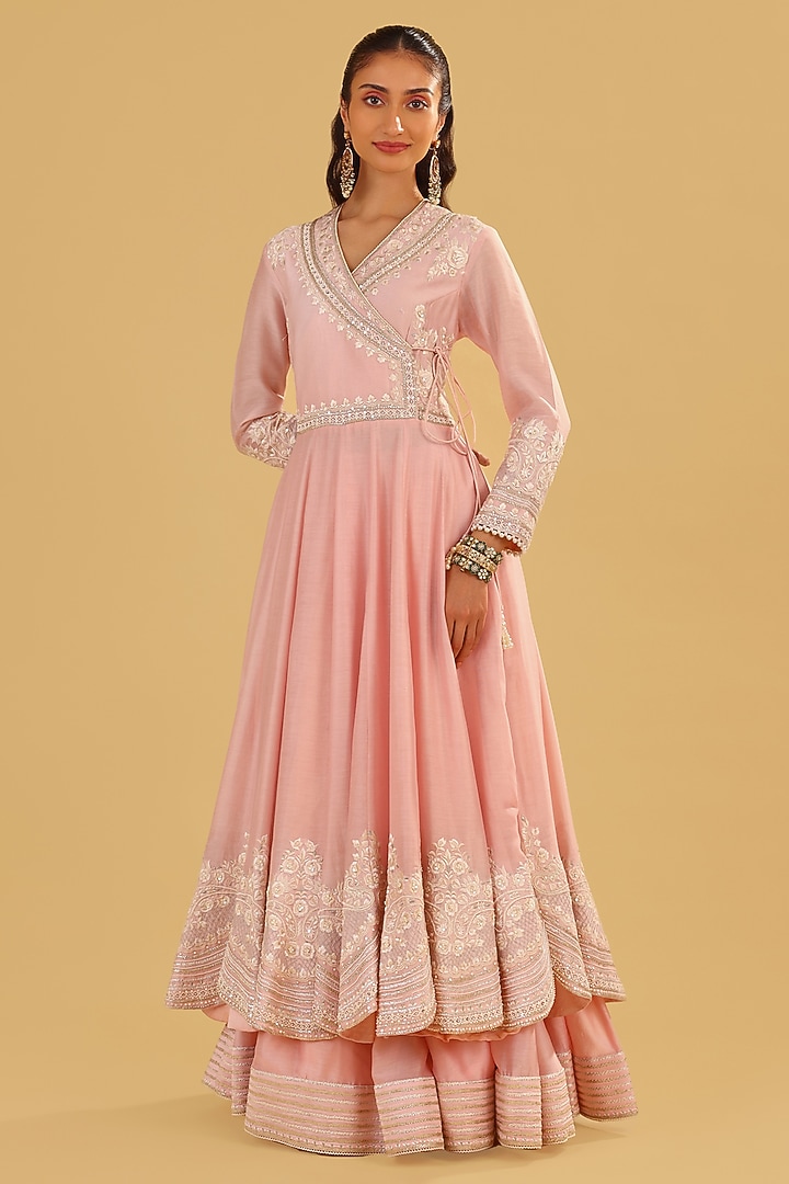 Blush Pink Silk Chanderi Parsi Gara Embroidered Angrakha Wedding Anarkali Set by Sheetal Batra at Pernia's Pop Up Shop