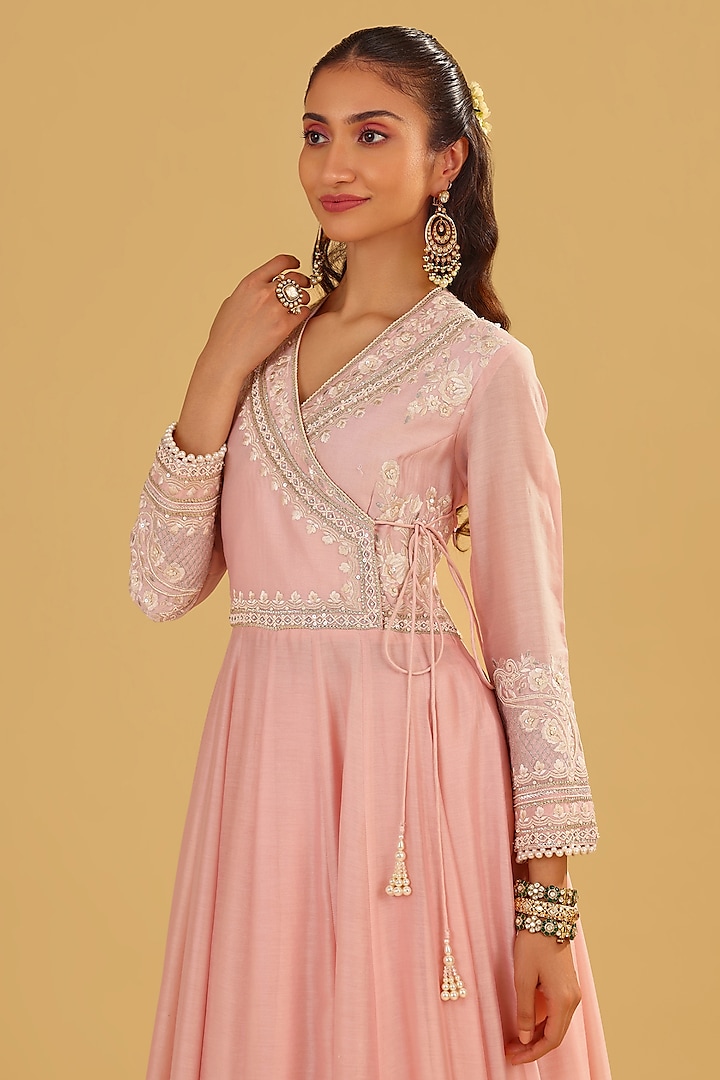 Blush Pink Silk Chanderi Parsi Gara Embroidered Angrakha Wedding Anarkali Set by Sheetal Batra at Pernia's Pop Up Shop