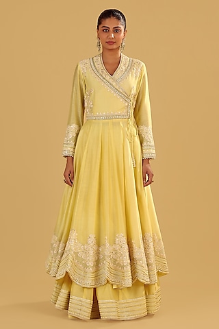 Lemon Yellow Silk Chanderi Parsi Gara Embroidered Angrakha Anarkali Set by Sheetal Batra