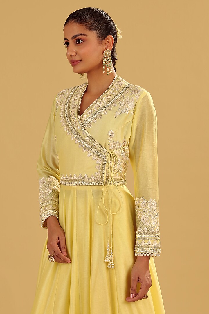 Lemon Yellow Silk Chanderi Parsi Gara Embroidered Angrakha Wedding Anarkali Set by Sheetal Batra at Pernia's Pop Up Shop