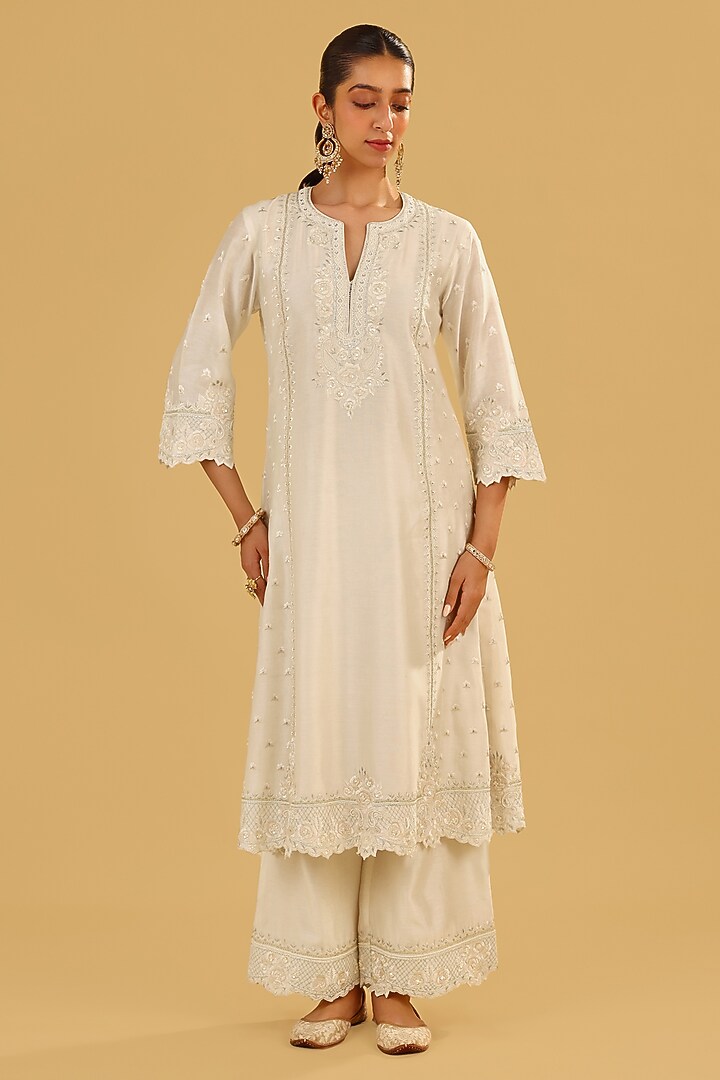 Daisy Ivory Silk Chanderi Parsi Gara Embroidered A-Line Kurta Set by Sheetal Batra at Pernia's Pop Up Shop