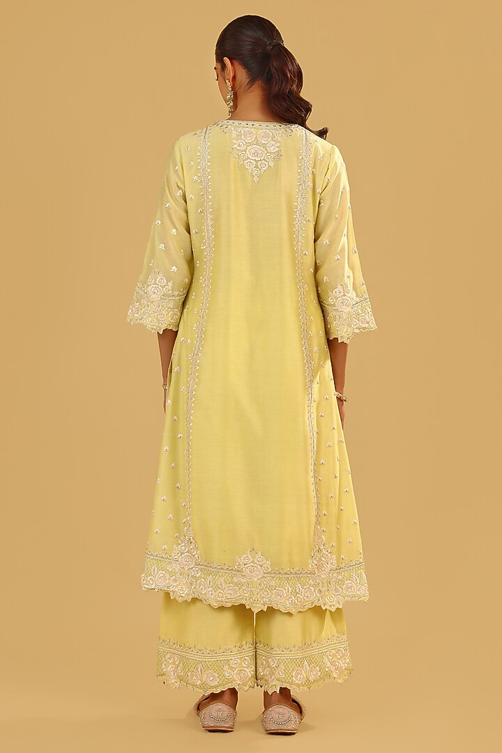 Lemon Yellow Silk Chanderi Parsi Gara Embroidered A-Line Kurta Set by Sheetal Batra at Pernia's Pop Up Shop