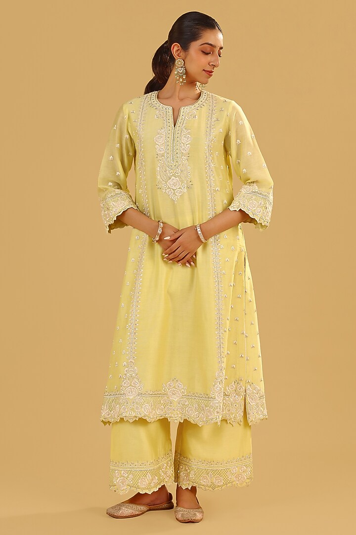 Lemon Yellow Silk Chanderi Parsi Gara Embroidered A-Line Kurta Set by Sheetal Batra at Pernia's Pop Up Shop