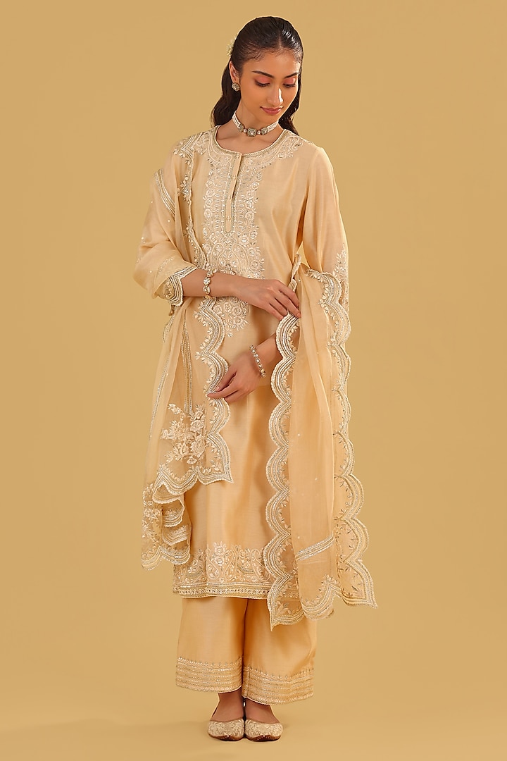 Beige Silk Chanderi Parsi Gara Embroidered A-Line Kurta Set by Sheetal Batra at Pernia's Pop Up Shop