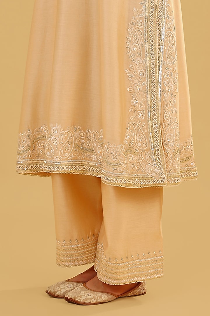 Beige Silk Chanderi Parsi Gara Embroidered A-Line Kurta Set by Sheetal Batra at Pernia's Pop Up Shop
