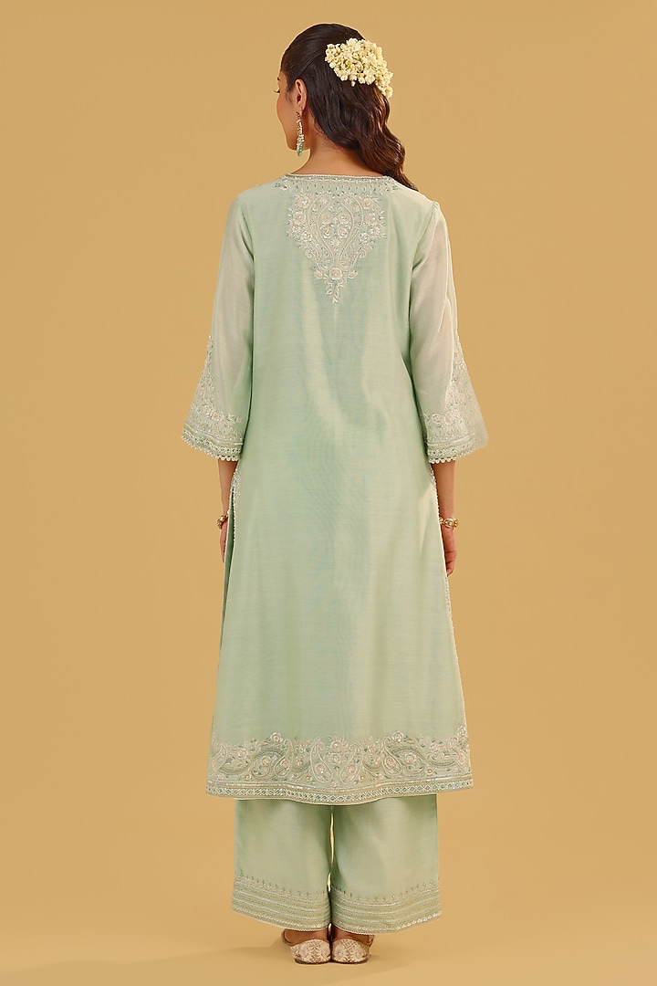 Mint Green Silk Chanderi Parsi Gara Embroidered A-Line Kurta Set by Sheetal Batra at Pernia's Pop Up Shop
