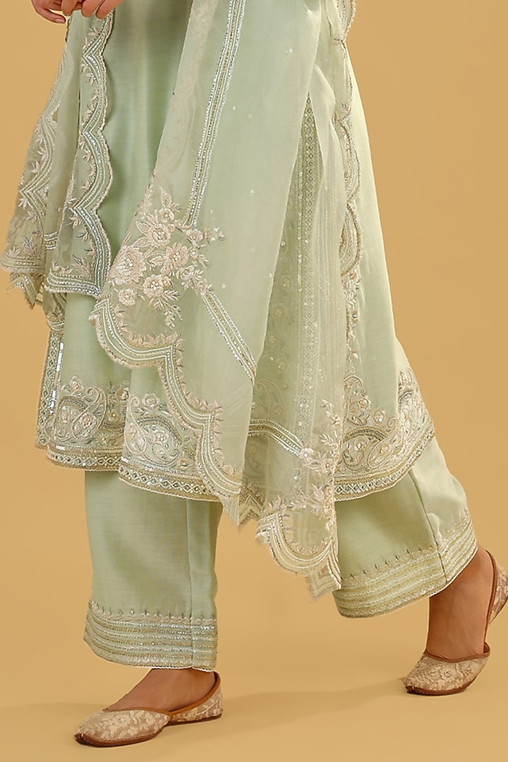 Mint Green Silk Chanderi Parsi Gara Embroidered A-Line Kurta Set by Sheetal Batra at Pernia's Pop Up Shop