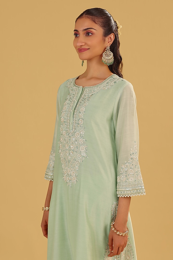 Mint Green Silk Chanderi Parsi Gara Embroidered A-Line Kurta Set by Sheetal Batra at Pernia's Pop Up Shop