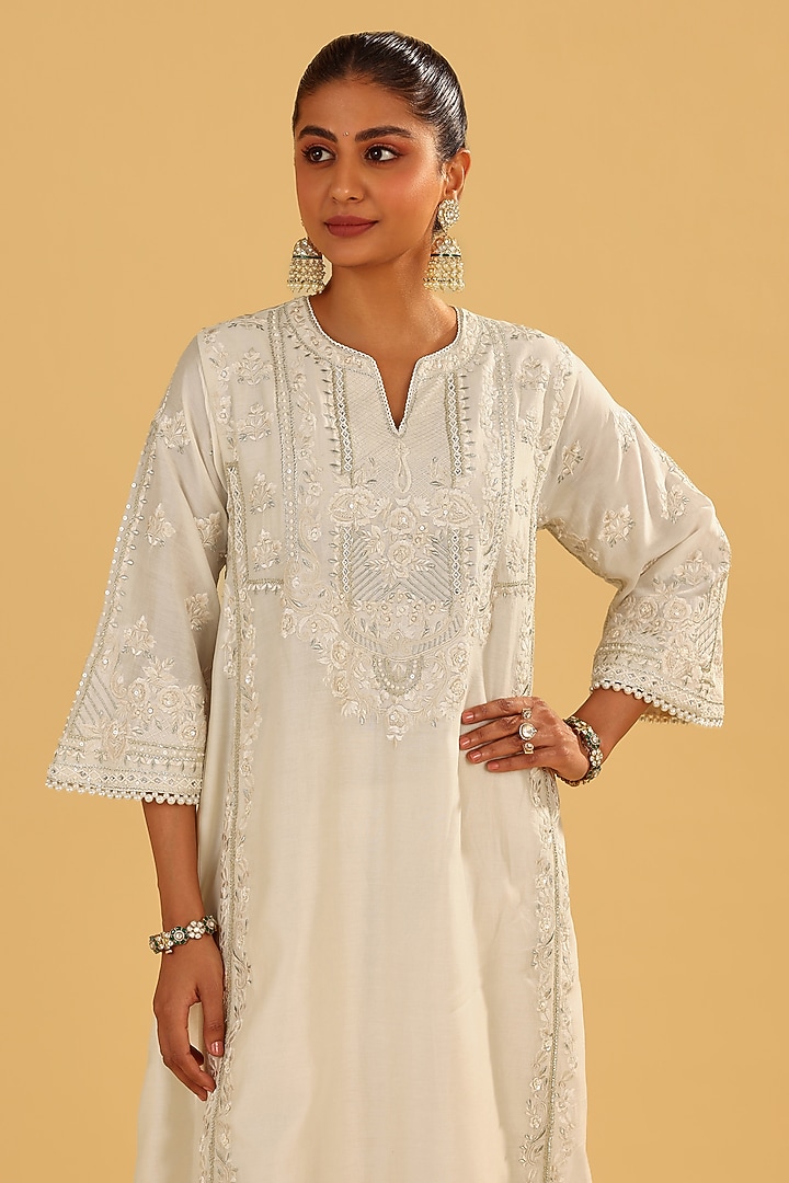Daisy Ivory Silk Chanderi Parsi Gara Embroidered Choga Kurta Set by Sheetal Batra at Pernia's Pop Up Shop