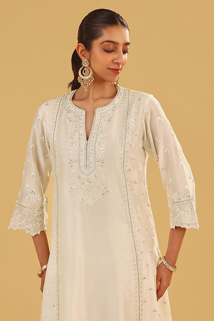 Daisy Ivory Silk Chanderi Parsi Gara Embroidered A-Line Kurta Set by Sheetal Batra at Pernia's Pop Up Shop