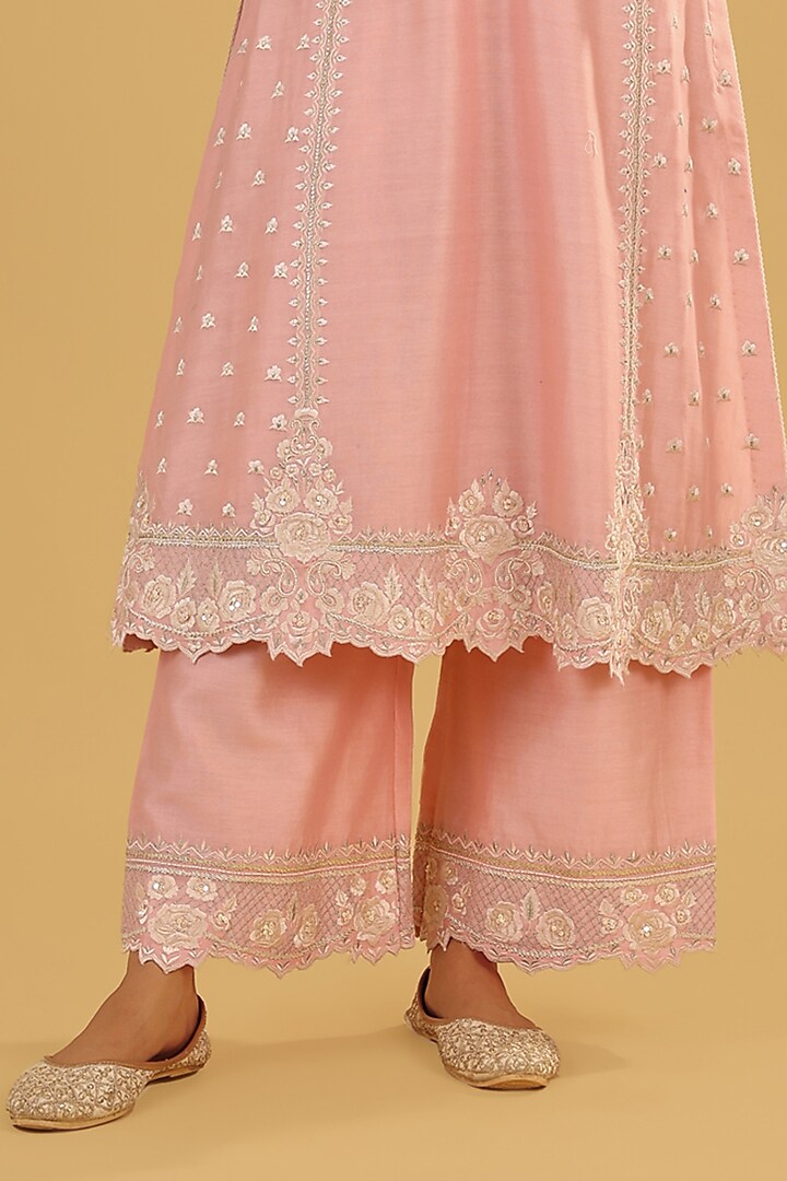 Blush Pink Silk Chanderi Parsi Gara Embroidered A-Line Kurta Set by Sheetal Batra at Pernia's Pop Up Shop