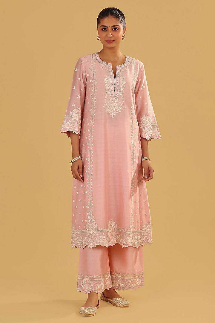 Blush Pink Silk Chanderi Parsi Gara Embroidered A-Line Kurta Set by Sheetal Batra at Pernia's Pop Up Shop