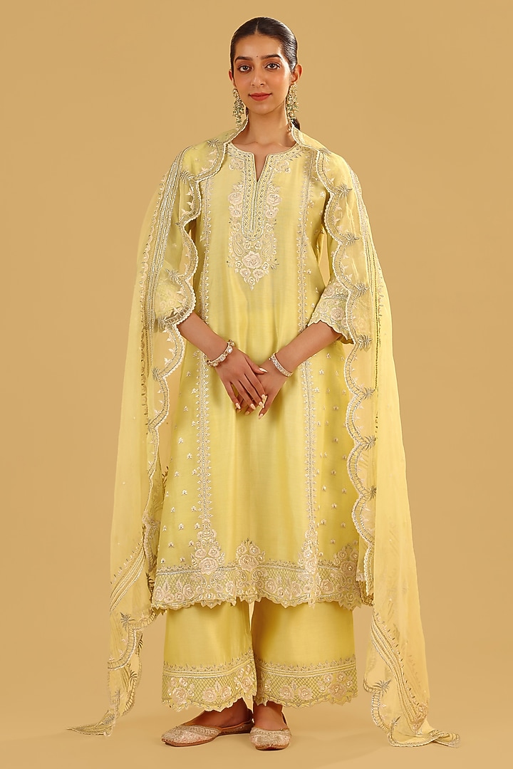 Lemon Yellow Silk Chanderi Parsi Gara Embroidered A-Line Kurta Set by Sheetal Batra at Pernia's Pop Up Shop