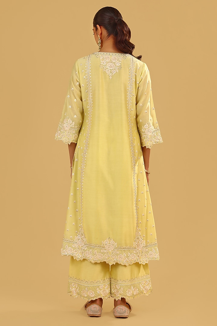 Lemon Yellow Silk Chanderi Parsi Gara Embroidered A-Line Kurta Set by Sheetal Batra at Pernia's Pop Up Shop