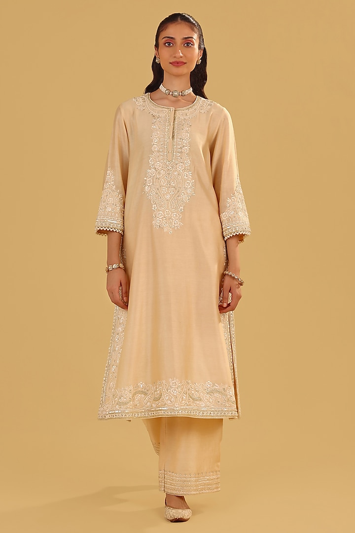 Beige Silk Chanderi Parsi Gara Embroidered A-Line Kurta Set by Sheetal Batra at Pernia's Pop Up Shop