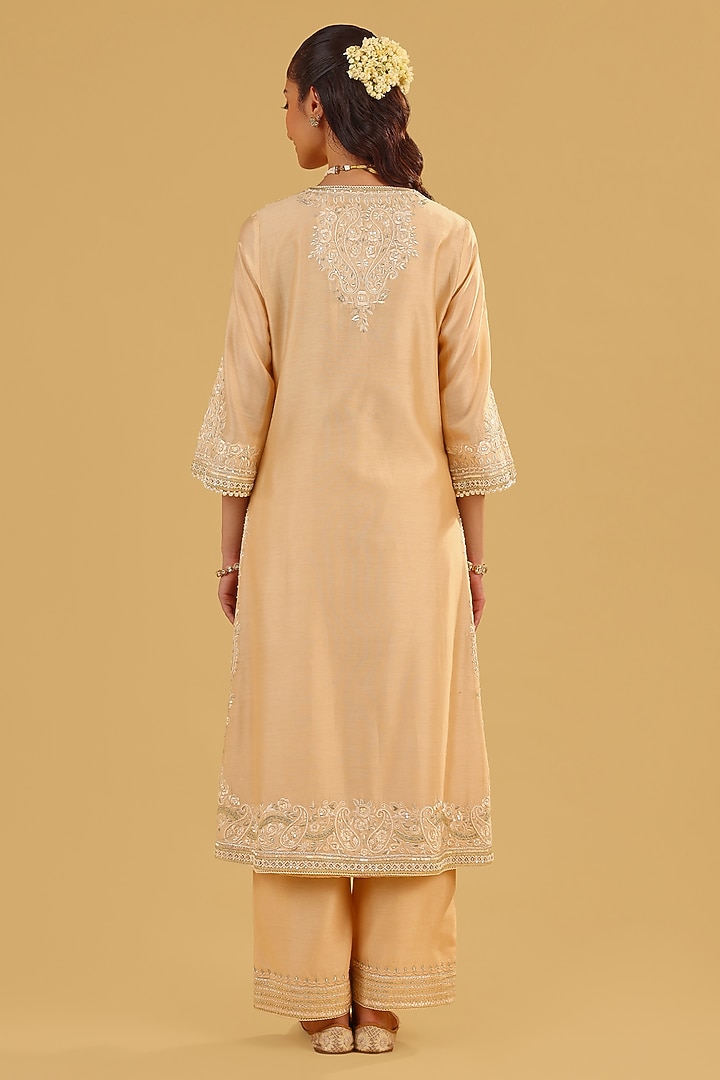 Beige Silk Chanderi Parsi Gara Embroidered A-Line Kurta Set by Sheetal Batra at Pernia's Pop Up Shop