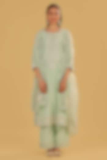 Mint Green Silk Chanderi Parsi Gara Embroidered A-Line Kurta Set by Sheetal Batra at Pernia's Pop Up Shop