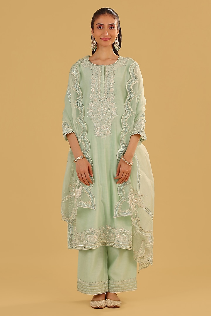 Mint Green Silk Chanderi Parsi Gara Embroidered A-Line Kurta Set by Sheetal Batra at Pernia's Pop Up Shop