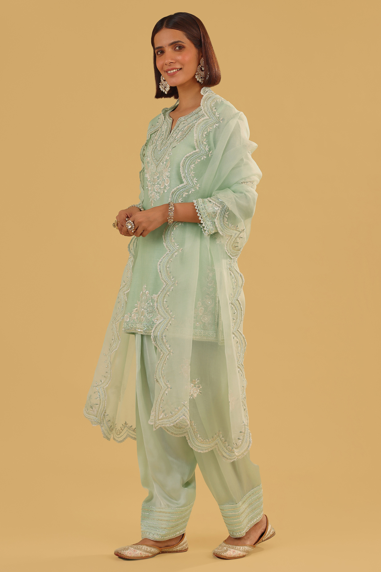 Mint Green Silk Chanderi Parsi Gara Embroidered A-Line Kurta Set by Sheetal Batra at Pernia's Pop Up Shop
