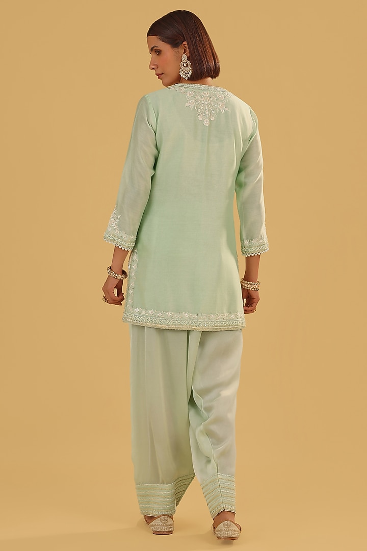 Mint Green Silk Chanderi Parsi Gara Embroidered A-Line Kurta Set by Sheetal Batra at Pernia's Pop Up Shop