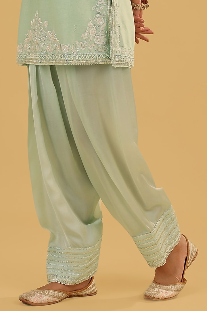 Mint Green Silk Chanderi Parsi Gara Embroidered A-Line Kurta Set by Sheetal Batra at Pernia's Pop Up Shop