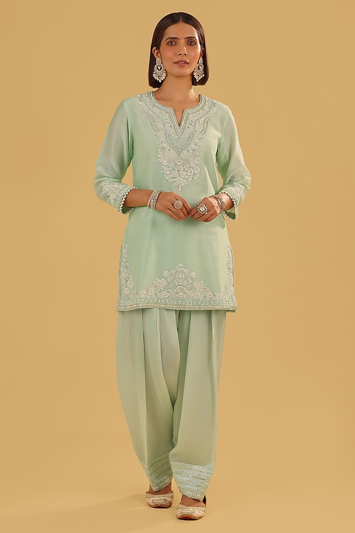 Mint Green Silk Chanderi Parsi Gara Embroidered A-Line Kurta Set by Sheetal Batra at Pernia's Pop Up Shop