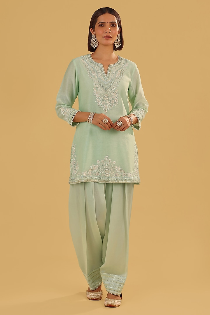 Mint Green Silk Chanderi Parsi Gara Embroidered A-Line Kurta Set by Sheetal Batra at Pernia's Pop Up Shop