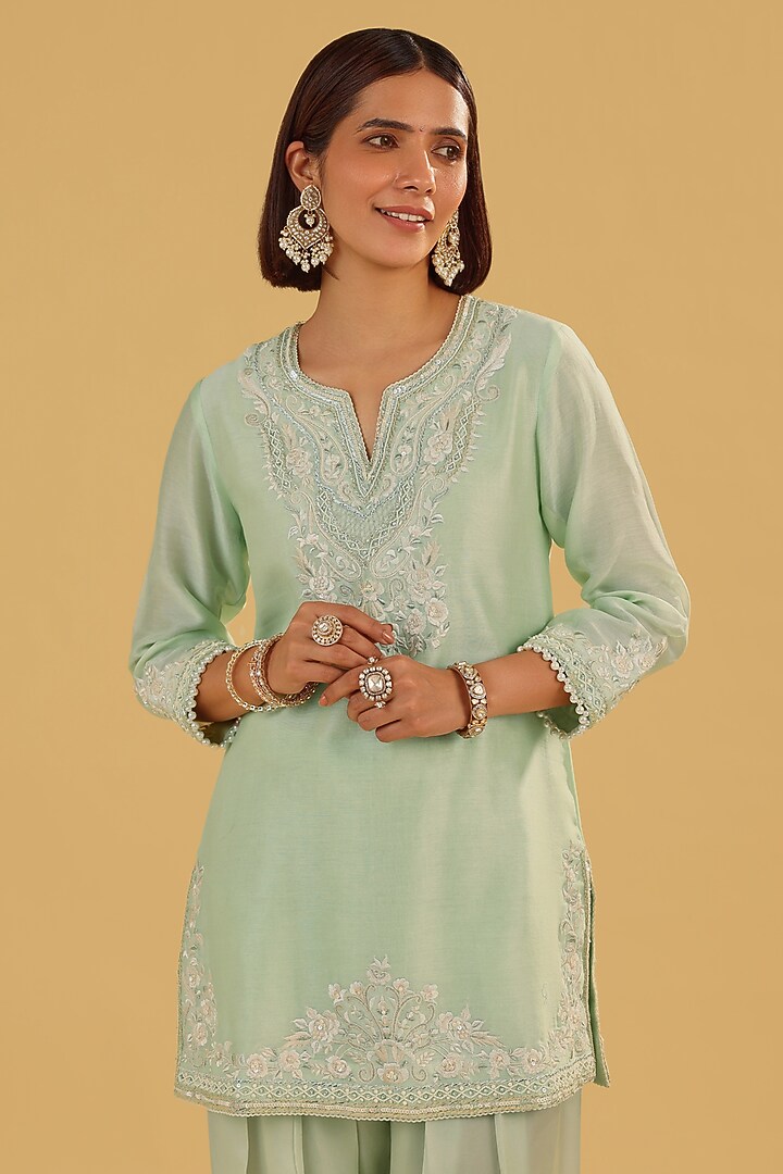 Mint Green Silk Chanderi Parsi Gara Embroidered A-Line Kurta Set by Sheetal Batra at Pernia's Pop Up Shop