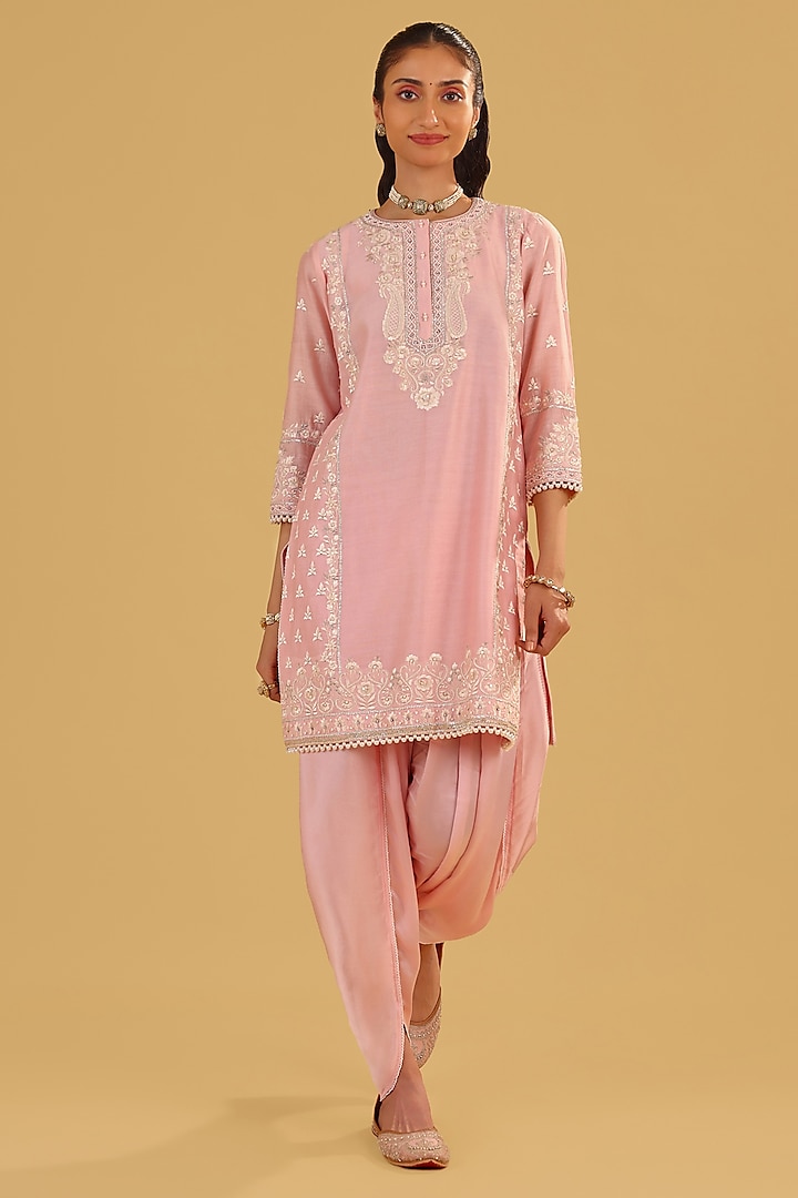 Blush Pink Silk Chanderi Parsi Gara Embroidered Short Kurta Set by Sheetal Batra at Pernia's Pop Up Shop