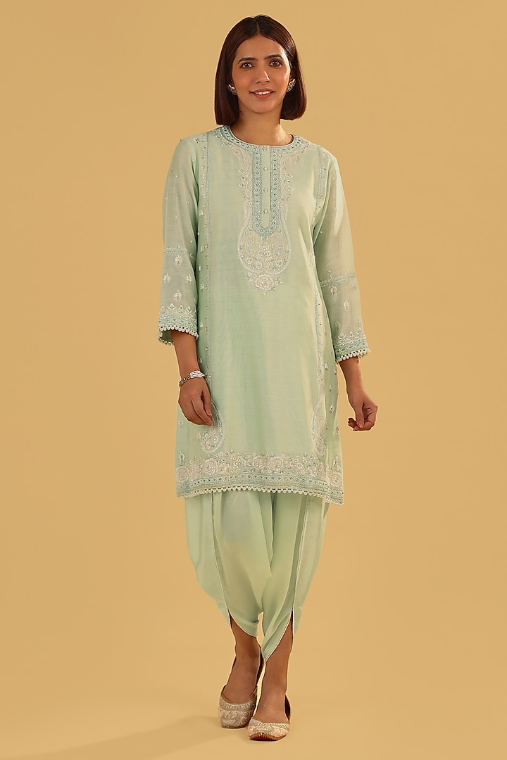 Mint Green Silk Chanderi Parsi Gara Embroidered Short Kurta Set by Sheetal Batra at Pernia's Pop Up Shop