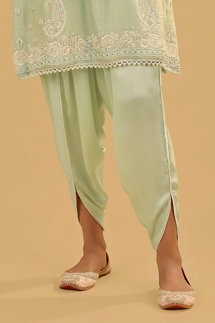 Mint Green Silk Chanderi Parsi Gara Embroidered Short Kurta Set by Sheetal Batra at Pernia's Pop Up Shop