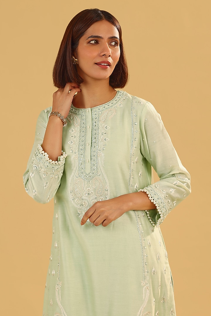 Mint Green Silk Chanderi Parsi Gara Embroidered Short Kurta Set by Sheetal Batra at Pernia's Pop Up Shop