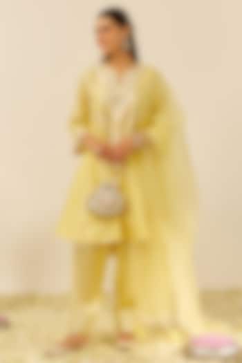 Lemon Yellow Chanderi Silk Parsi Gara Embroidered Choga Kurta Set by Sheetal Batra at Pernia's Pop Up Shop