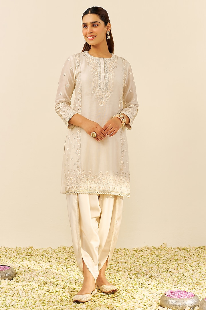 Daisy Ivory Chanderi Silk Parsi Gara Embroidered Short Kurta Set by Sheetal Batra at Pernia's Pop Up Shop
