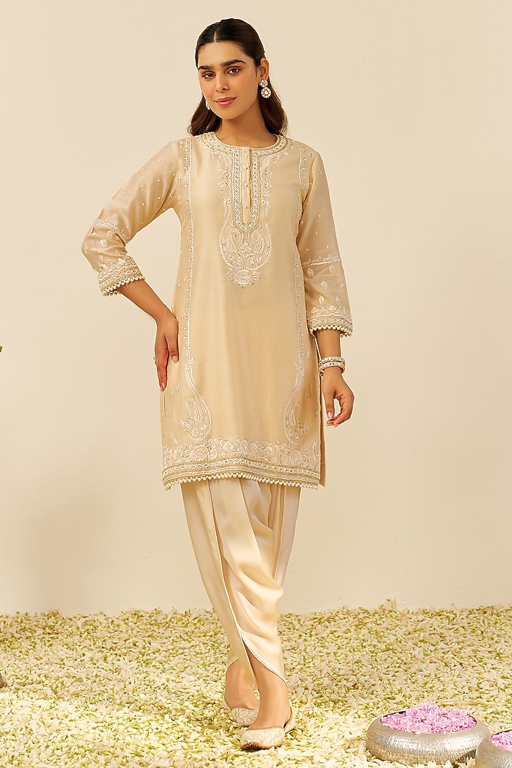 Beige Chanderi Silk Parsi Gara Embroidered Short Kurta Set by Sheetal Batra at Pernia's Pop Up Shop