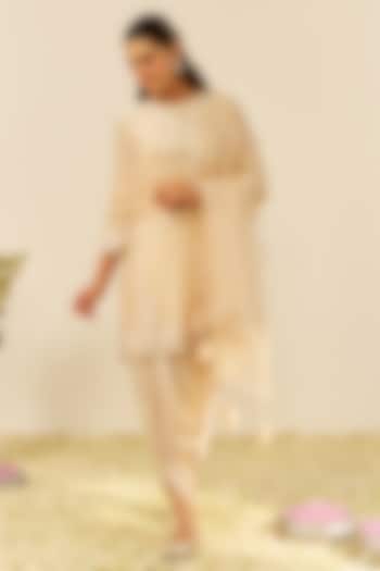 Beige Chanderi Silk Parsi Gara Embroidered Short Kurta Set by Sheetal Batra at Pernia's Pop Up Shop