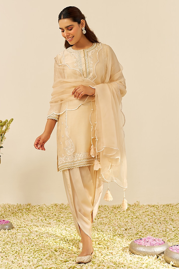 Beige Chanderi Silk Parsi Gara Embroidered Short Kurta Set by Sheetal Batra at Pernia's Pop Up Shop