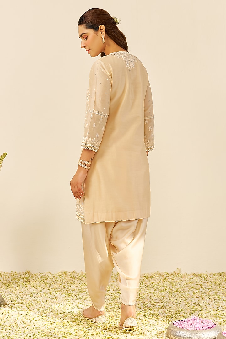 Beige Chanderi Silk Parsi Gara Embroidered Short Kurta Set by Sheetal Batra at Pernia's Pop Up Shop