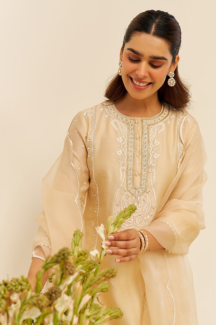 Beige Chanderi Silk Parsi Gara Embroidered Short Kurta Set by Sheetal Batra at Pernia's Pop Up Shop