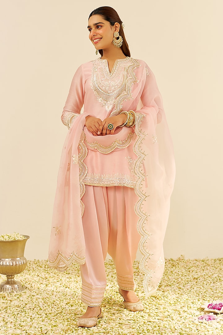 Blush Pink Chanderi Silk Parsi Gara Embroidered A-Line Short Kurta Set by Sheetal Batra at Pernia's Pop Up Shop