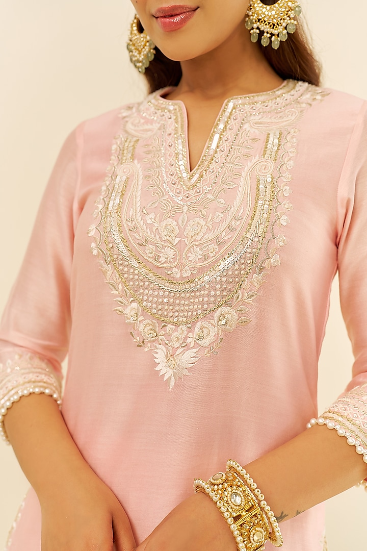 Blush Pink Chanderi Silk Parsi Gara Embroidered A-Line Short Kurta Set by Sheetal Batra at Pernia's Pop Up Shop