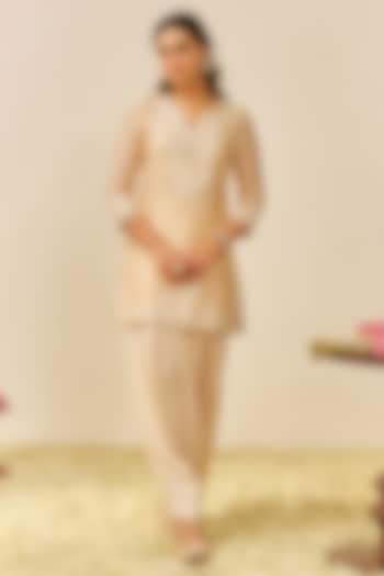 Beige Chanderi Silk Parsi Gara Embroidered A-Line Short Kurta Set by Sheetal Batra at Pernia's Pop Up Shop
