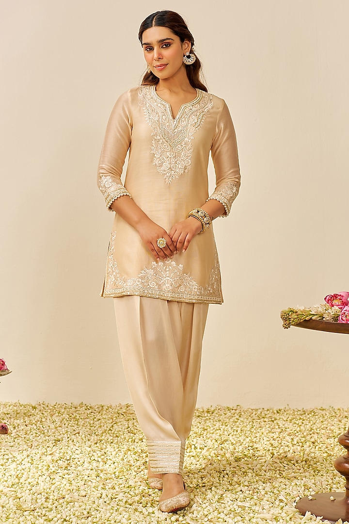 Beige Chanderi Silk Parsi Gara Embroidered A-Line Short Kurta Set by Sheetal Batra at Pernia's Pop Up Shop