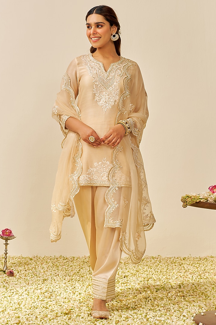 Beige Chanderi Silk Parsi Gara Embroidered A-Line Short Kurta Set by Sheetal Batra at Pernia's Pop Up Shop