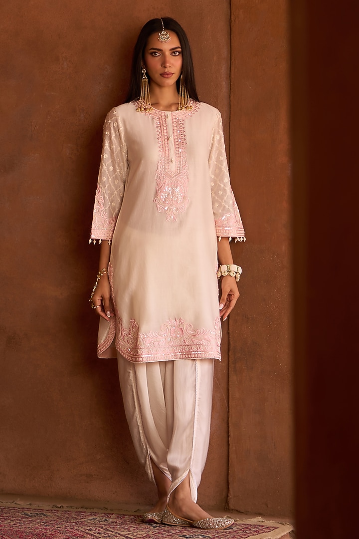 Daisy Ivory Silk Chanderi Pearl Embroidered Short Kurta Set by Sheetal Batra at Pernia's Pop Up Shop