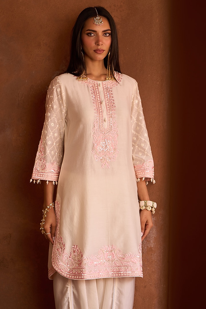 Daisy Ivory Silk Chanderi Pearl Embroidered Short Kurta Set by Sheetal Batra at Pernia's Pop Up Shop