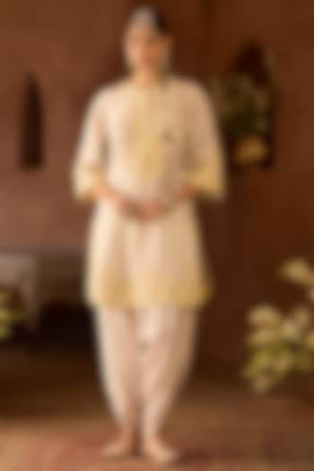 Daisy Ivory Silk Chanderi Pearl Embroidered Short Kurta Set by Sheetal Batra at Pernia's Pop Up Shop